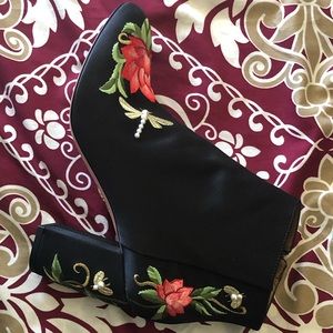 Aquazzura Lotus Satin Floral-Embroidered Booties